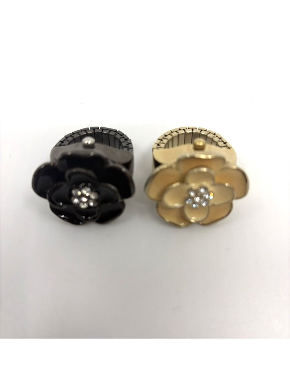 Sophie Flower Ring Watch Lot 2 Black Cream Enamel Gold Tone Rhinestone Stretch